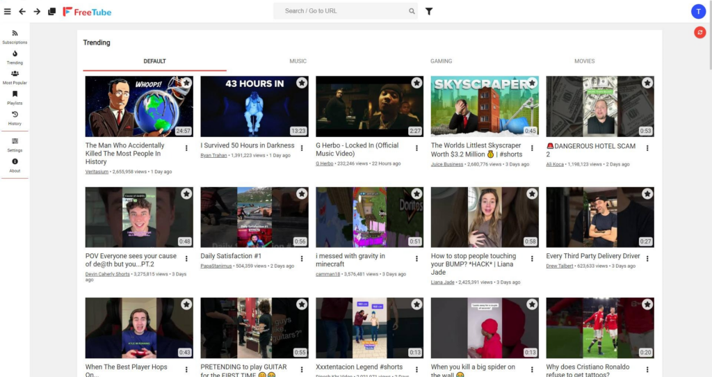 Screenshot from the Freetube App