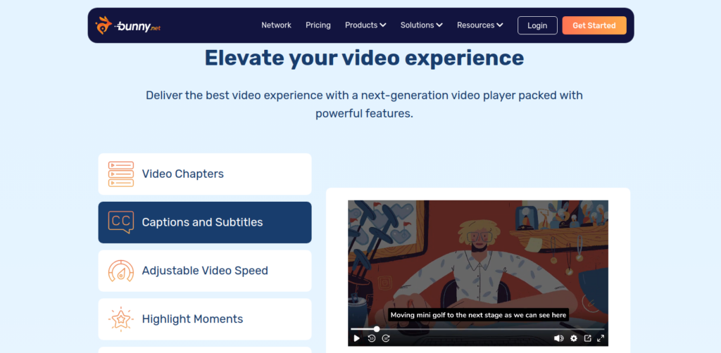 Screenshot of Bunny Stream's website, explaining their video features