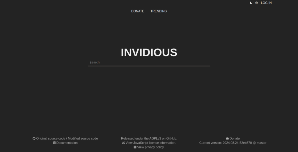 Screenshot from the Invidious home page in dark mode