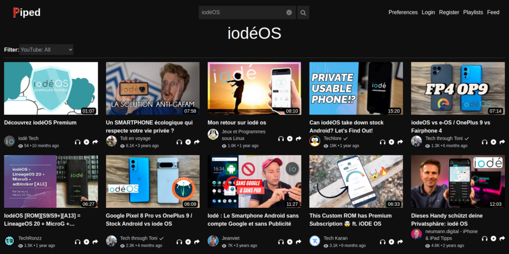 Ein Screenshot der Videosuchergebnisse auf Piped