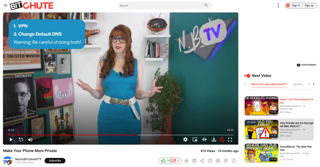 Screenshot eines Videos von Naomi Brockwell über den Schutz der Privatsphäre am Telefon auf BitChute