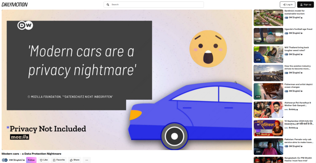 Screenshot of DW's video about data protection (or the lack thereof) in modern cars on Dailymotion