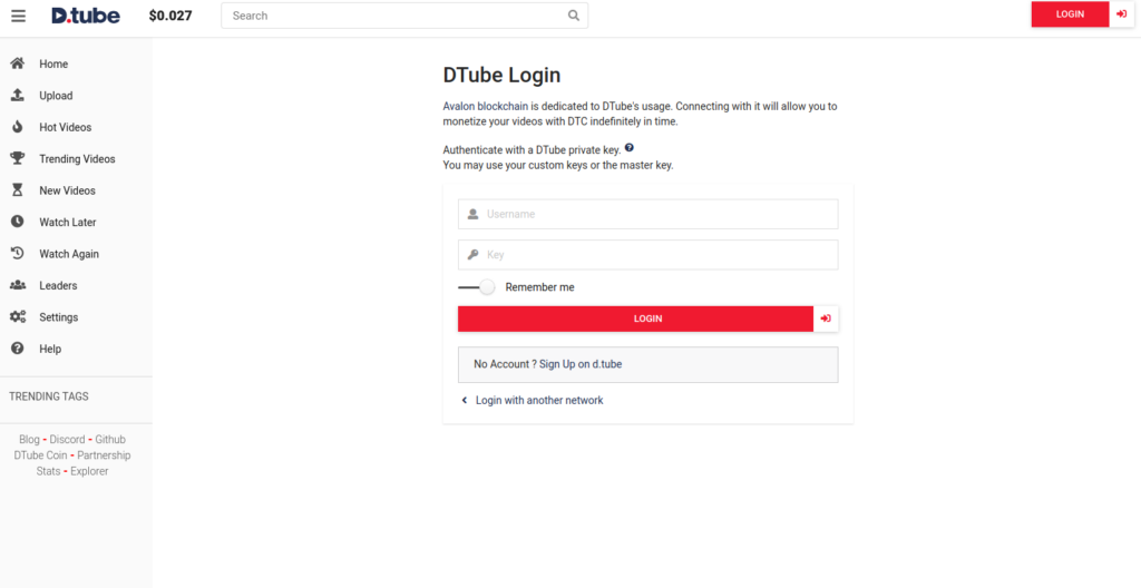 Screenshot of the DTube login page