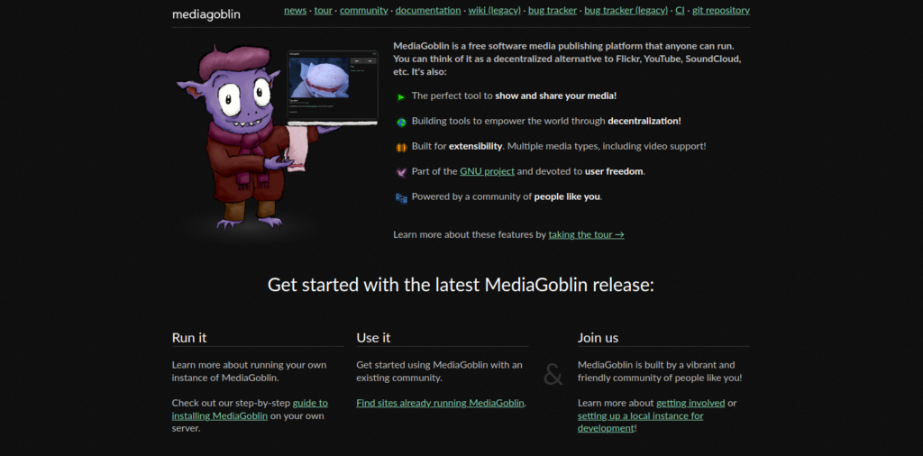 Screenshot der Startseite von MediaGoblin