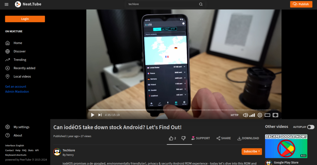 Screenshot of Techlore's video review of iodéOS on PeerTube