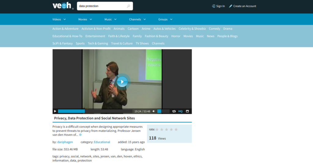 Screenshot of Professor Jeroen van den Hoven's talk about privacy, data protection and social networks on Veoh