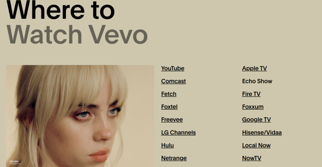 Screenshot of Vevo's website, featuring where to watch Vevo and Billie Eilish's very bored expression